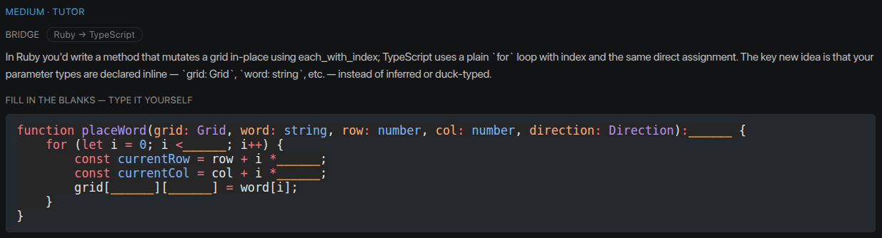 Bridging TypeScript from Ruby — the source→target pill and analogy in the Tutor dock