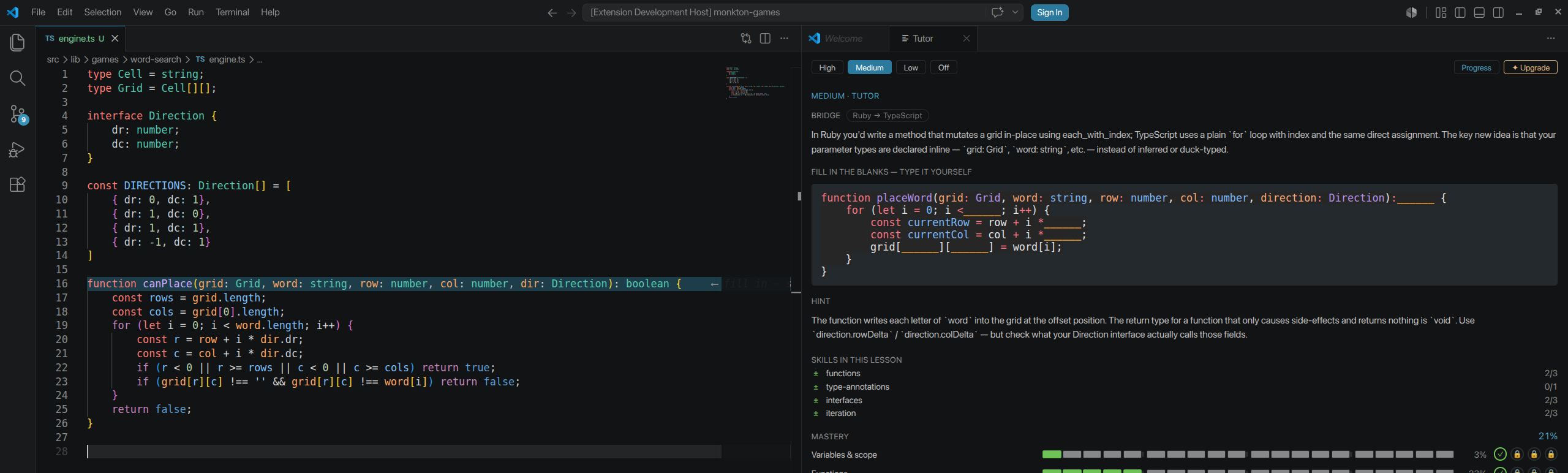 The Midnight Oil Tutor panel inside VS Code, teaching TypeScript by bridging from Ruby